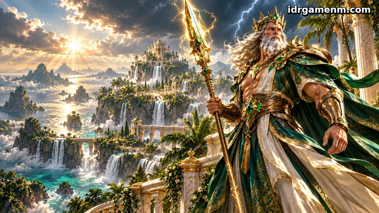 idrgame — Raja Petir Zamrud dalam zirah hijau dan emas dengan pedang petir