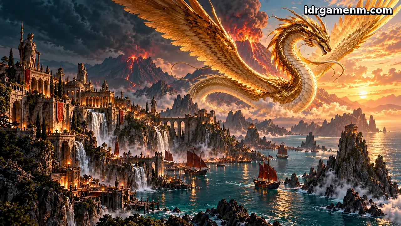 idrgame — Naga emas terbang di atas pelabuhan fantasi